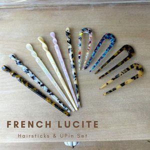 New French Lucite Acetate Tortoise Pearly Hair Stick & U Pin 10 Piece Set